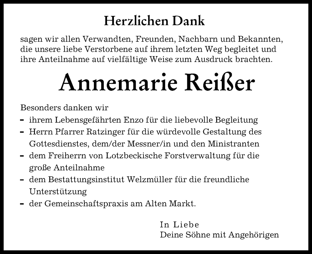 Traueranzeige von Annemarie Reißer von Schwabmünchner Allgemeine