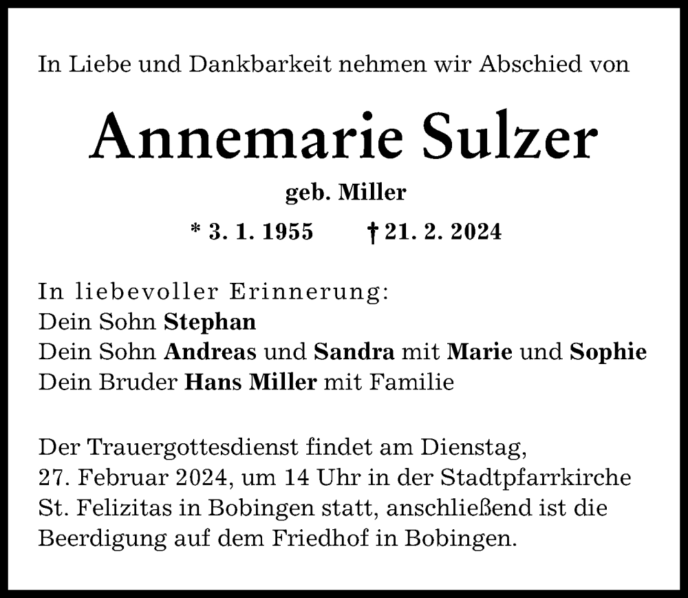 Traueranzeige von Annemarie Sulzer von Schwabmünchner Allgemeine