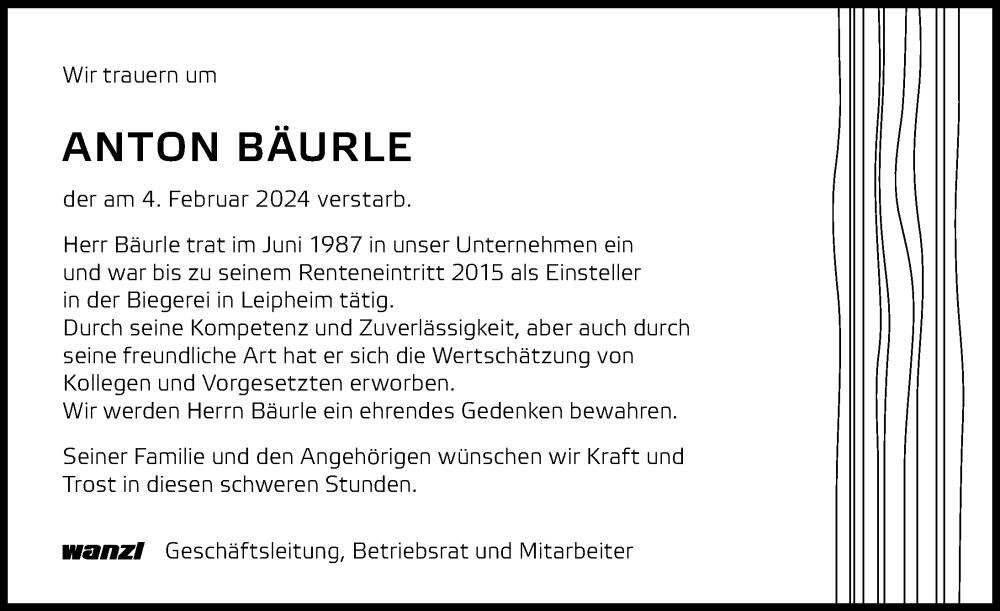  Traueranzeige für Anton Bäurle vom 13.02.2024 aus Günzburger Zeitung