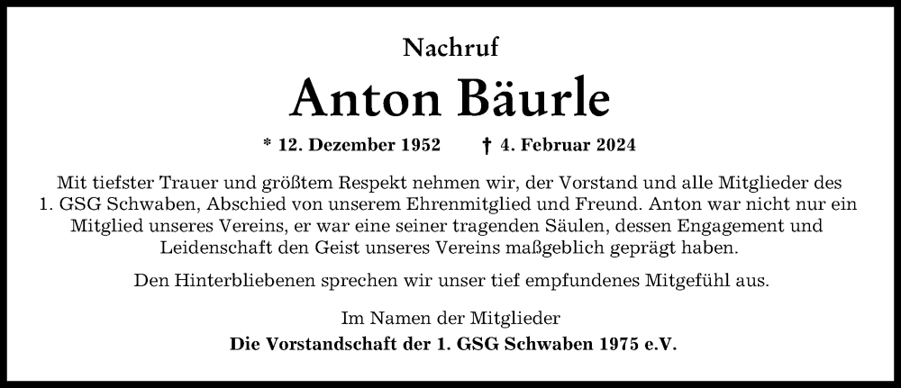  Traueranzeige für Anton Bäurle vom 24.02.2024 aus Günzburger Zeitung