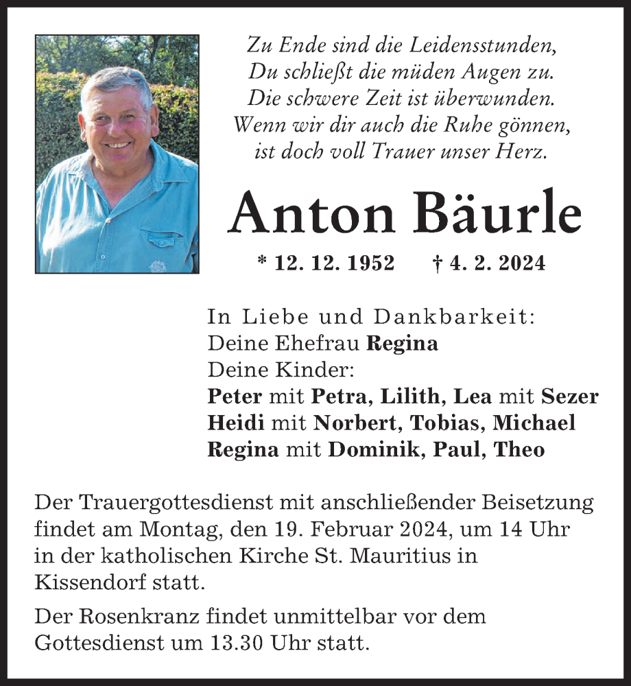 Traueranzeige für Anton Bäurle vom 10.02.2024 aus Günzburger Zeitung