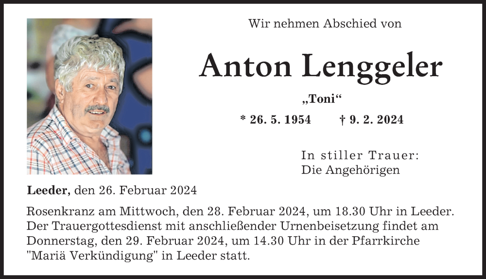 Traueranzeige von Anton Lenggeler von Landsberger Tagblatt