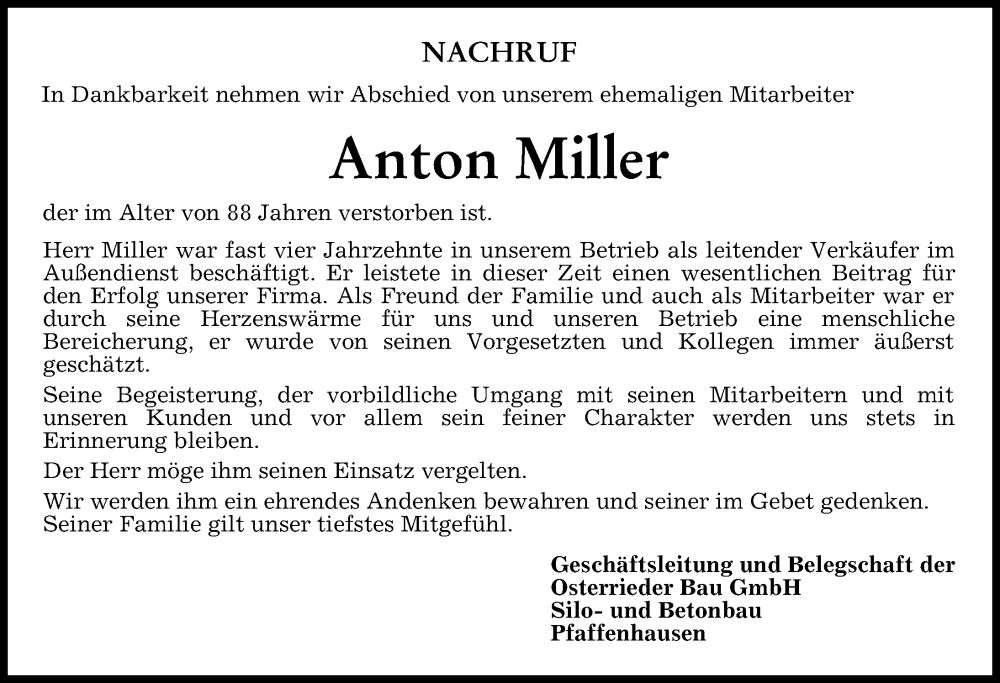 Traueranzeige von Anton Miller von Mittelschwäbische Nachrichten