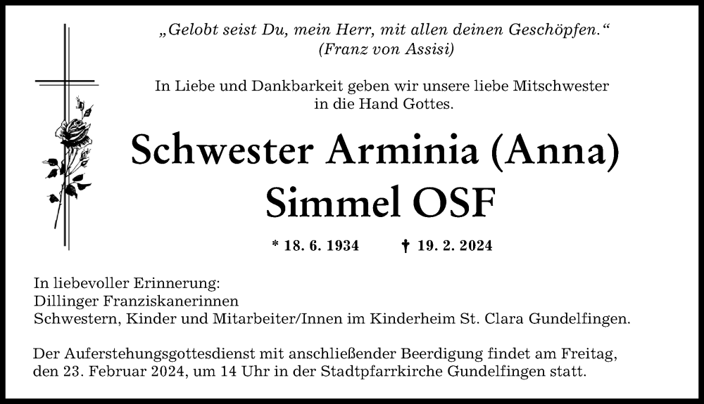 Traueranzeige von Arminia Simmel von Donau Zeitung