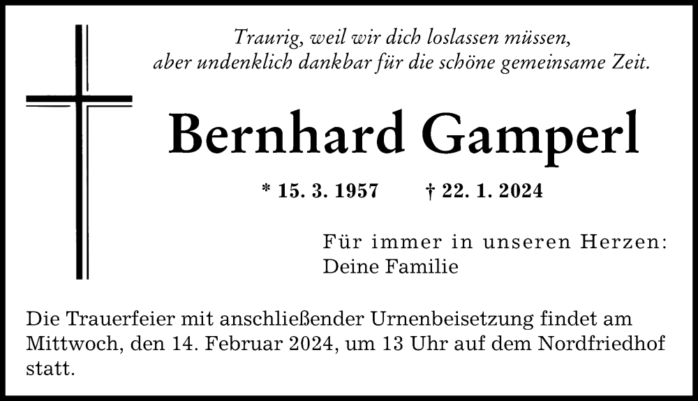  Traueranzeige für Bernhard Gamperl vom 10.02.2024 aus Augsburger Allgemeine