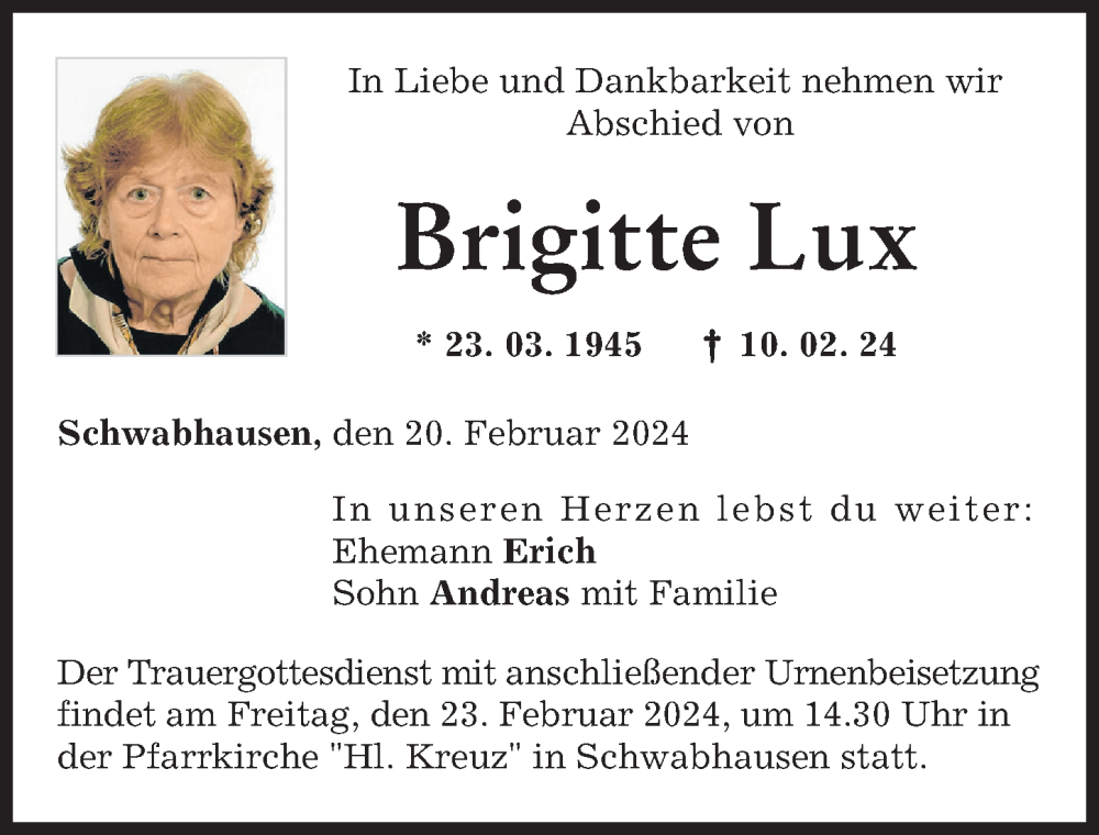 Traueranzeige von Brigitte Lux von Landsberger Tagblatt