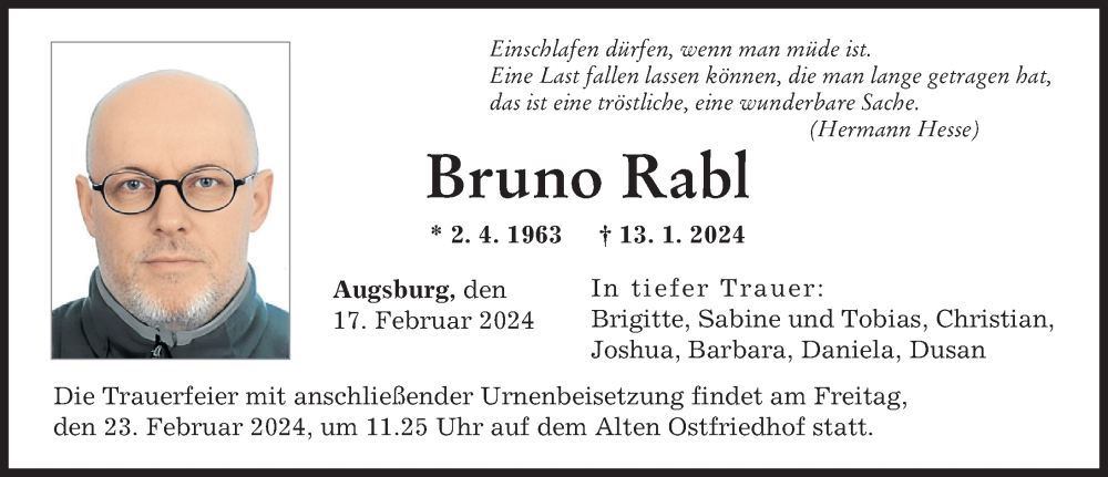 Traueranzeige von Bruno Rabl von Augsburger Allgemeine