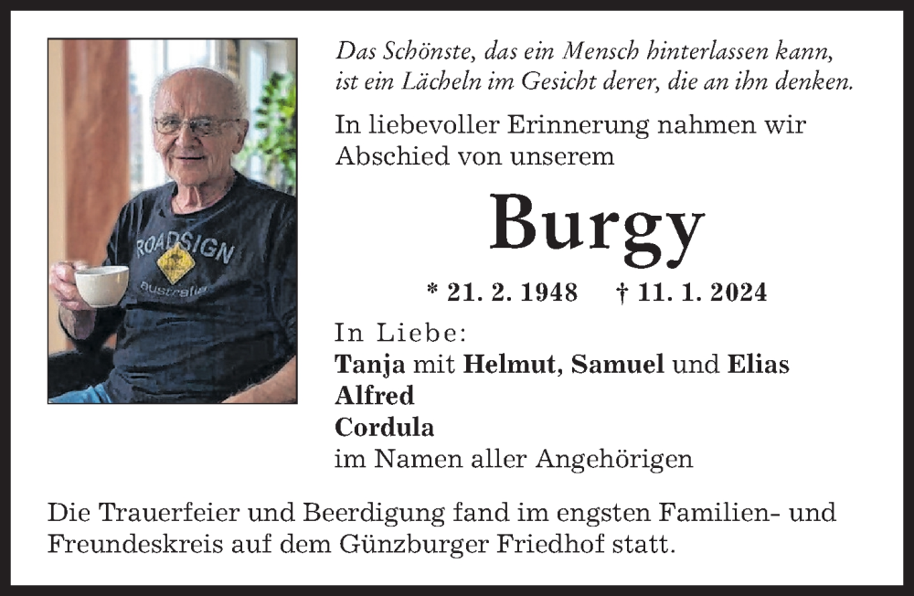 Traueranzeige von Burgy  von Günzburger Zeitung