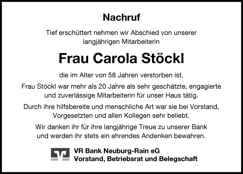  Traueranzeige für Carola Stöckl vom 09.02.2024 aus Neuburger Rundschau, Donauwörther Zeitung