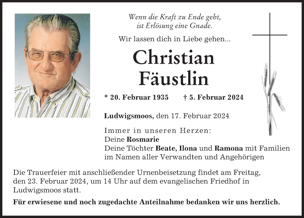  Traueranzeige für Christian Fäustlin vom 17.02.2024 aus Neuburger Rundschau