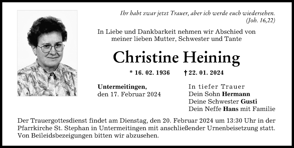 Traueranzeige von Christine Heining von Schwabmünchner Allgemeine