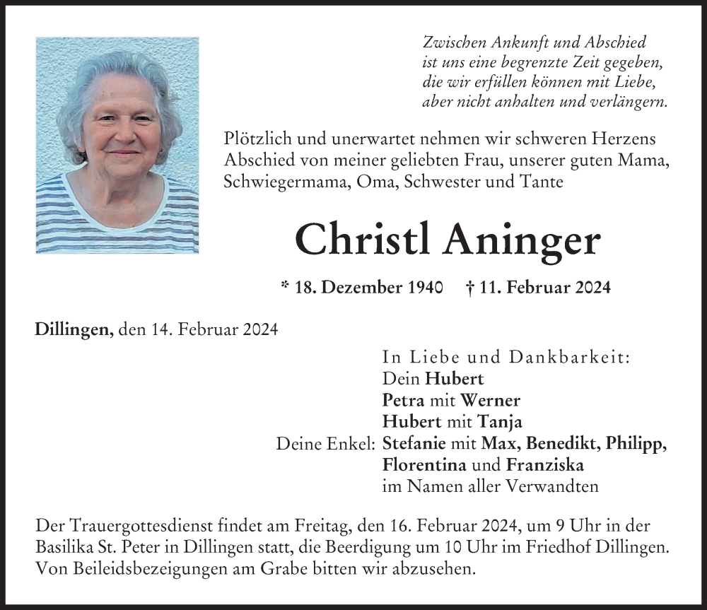 Traueranzeige von Christl Aninger von Donau Zeitung