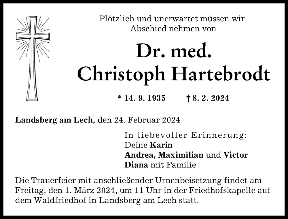 Traueranzeige von Christoph Hartebrodt von Landsberger Tagblatt