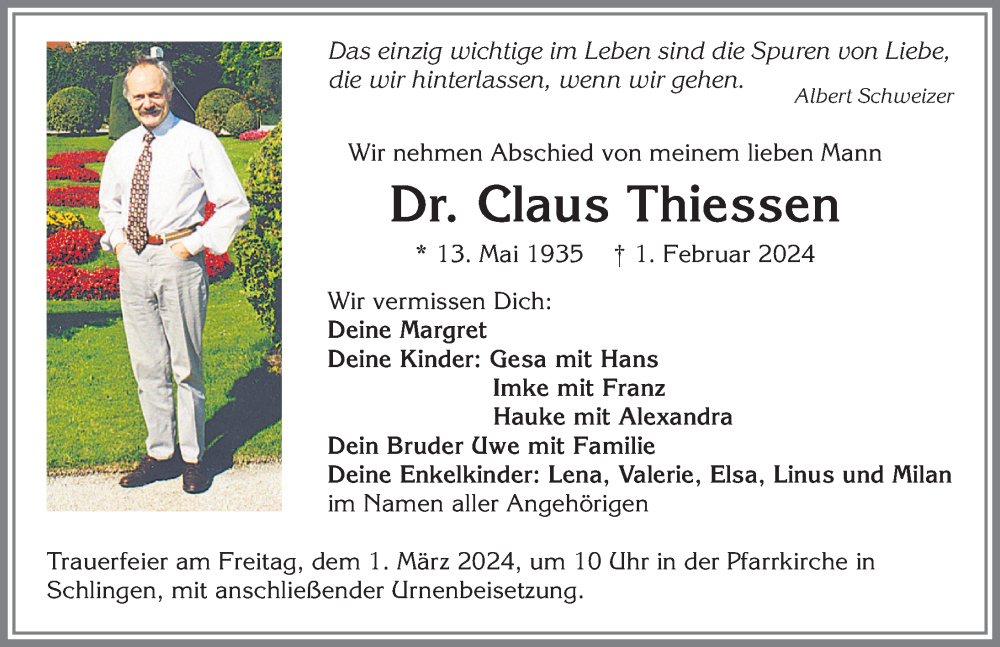 Traueranzeige von Claus Thiessen von Mindelheimer Zeitung