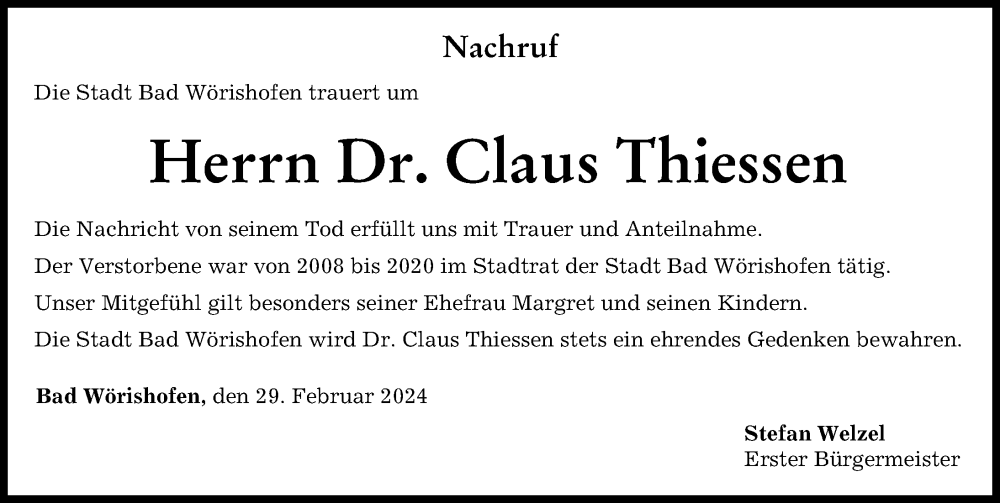 Traueranzeige von Claus Thiessen von Mindelheimer Zeitung