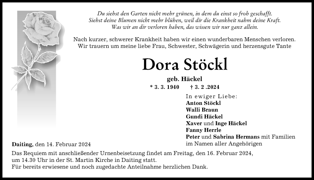 Traueranzeige von Dora Stöckl von Donauwörther Zeitung