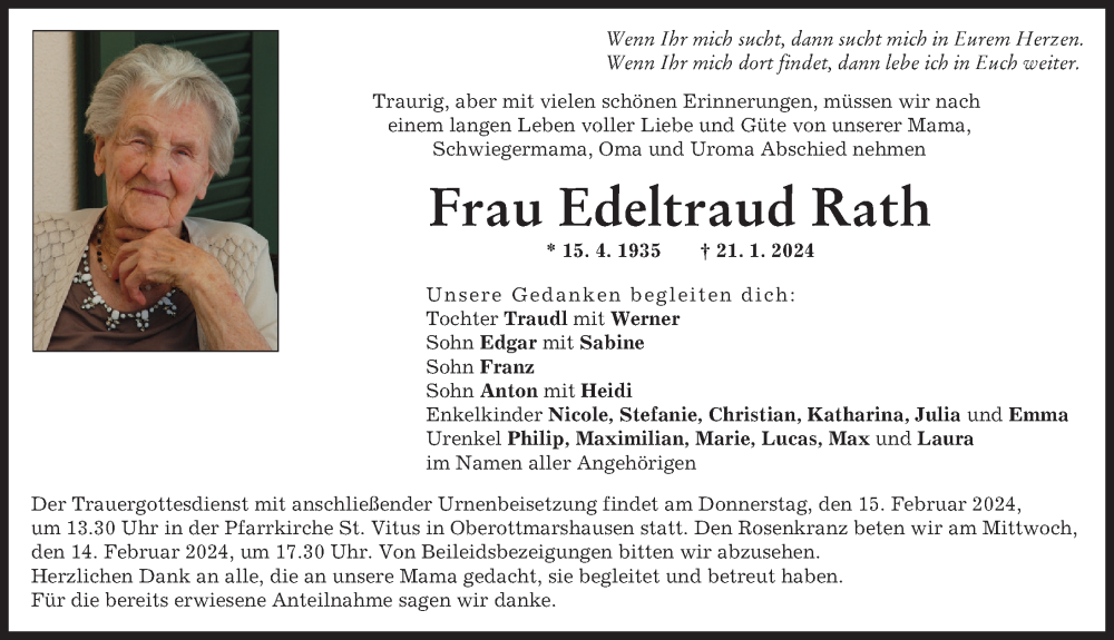  Traueranzeige für Edeltraud Rath vom 10.02.2024 aus Schwabmünchner Allgemeine