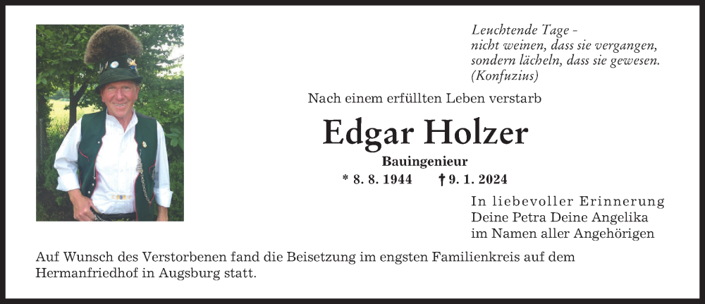 Traueranzeige von Edgar Holzer von Augsburger Allgemeine