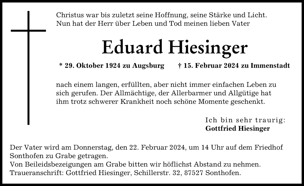 Traueranzeige von Eduard Hiesinger von Augsburger Allgemeine