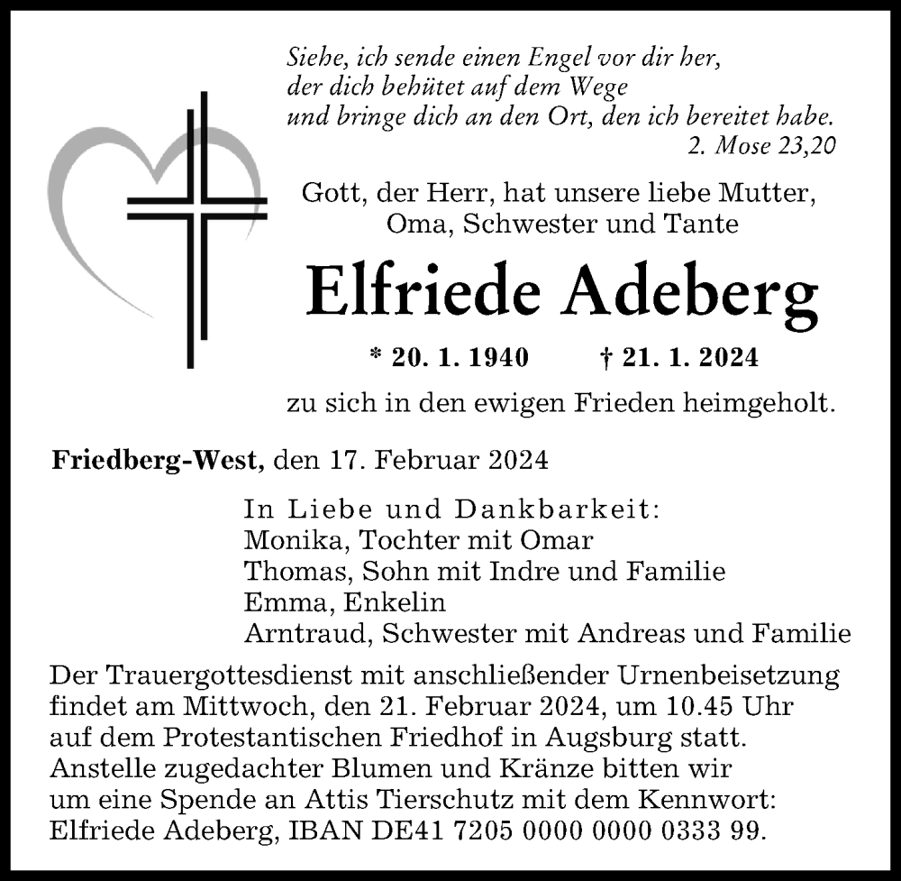 Traueranzeige von Elfriede Adeberg von Augsburger Allgemeine