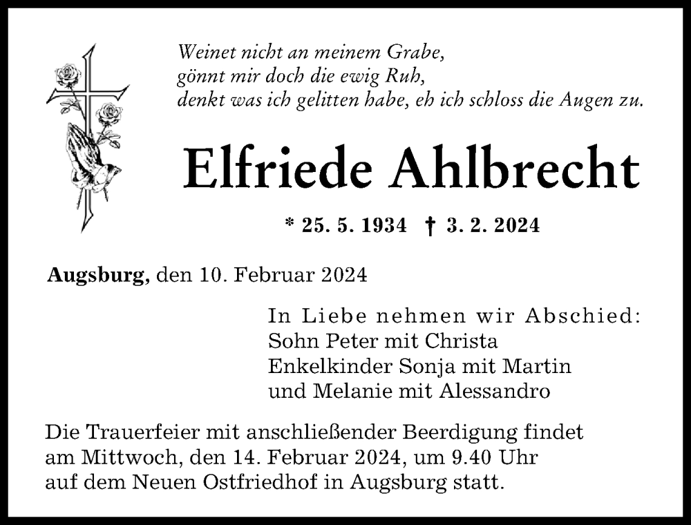  Traueranzeige für Elfriede Ahlbrecht vom 10.02.2024 aus Augsburger Allgemeine