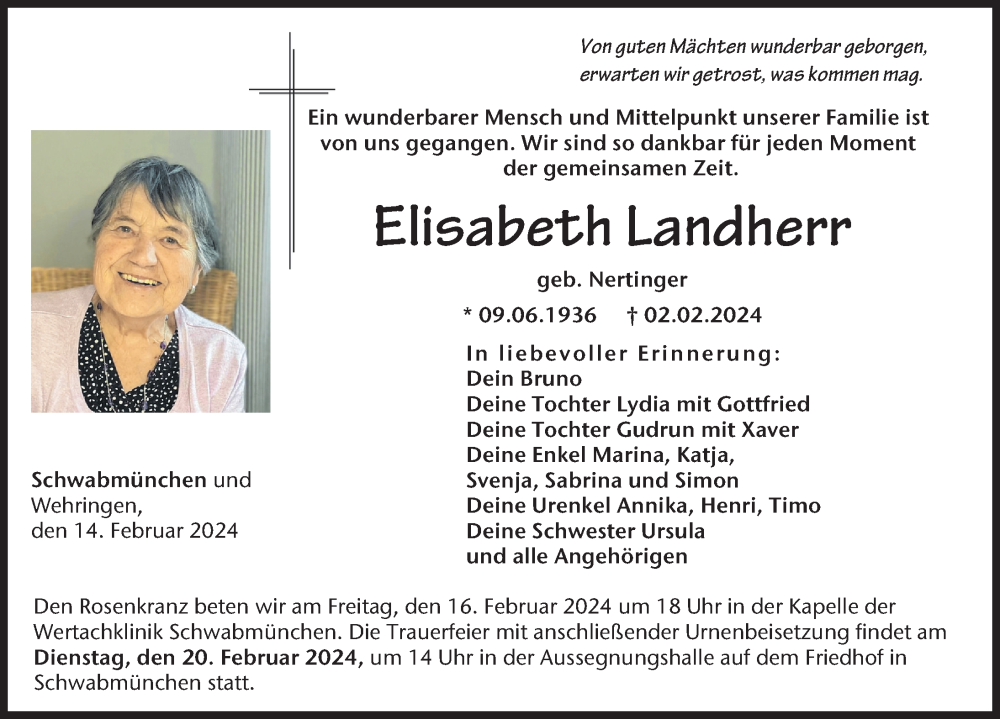 Traueranzeige von Elisabeth Landherr von Schwabmünchner Allgemeine