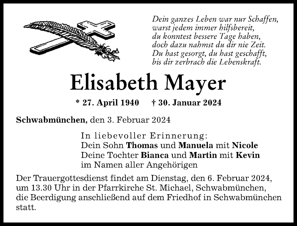 Traueranzeige von Elisabeth Mayer von Schwabmünchner Allgemeine