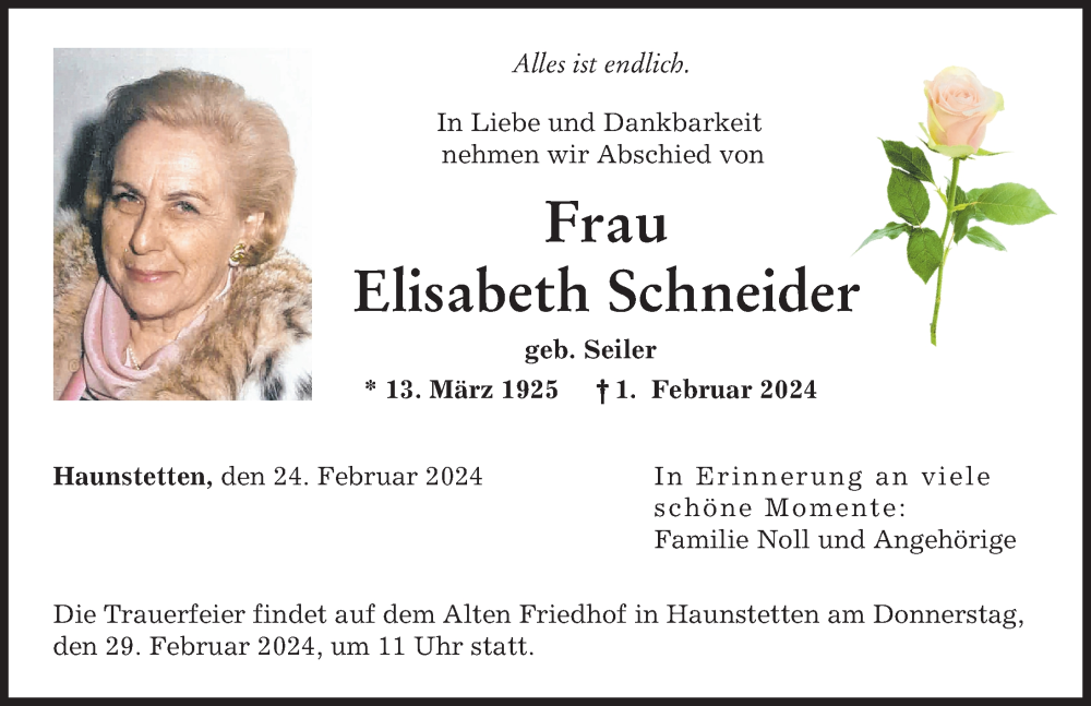 Traueranzeige von Elisabeth Schneider von Augsburger Allgemeine