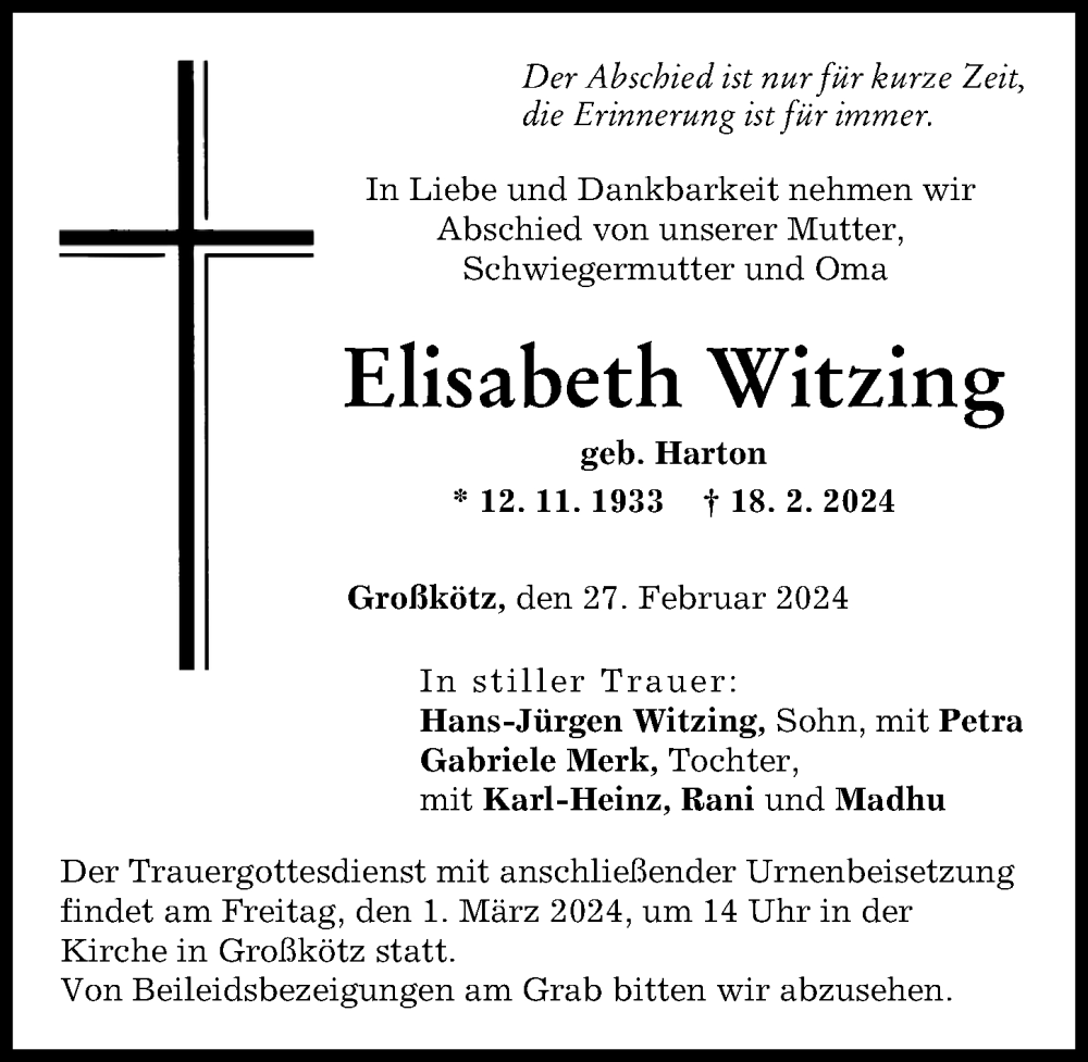 Traueranzeige von Elisabeth Witzing von Günzburger Zeitung