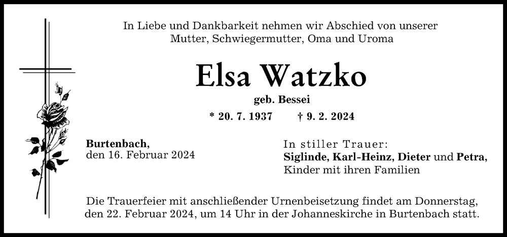  Traueranzeige für Elsa Watzko vom 16.02.2024 aus Mittelschwäbische Nachrichten, Günzburger Zeitung