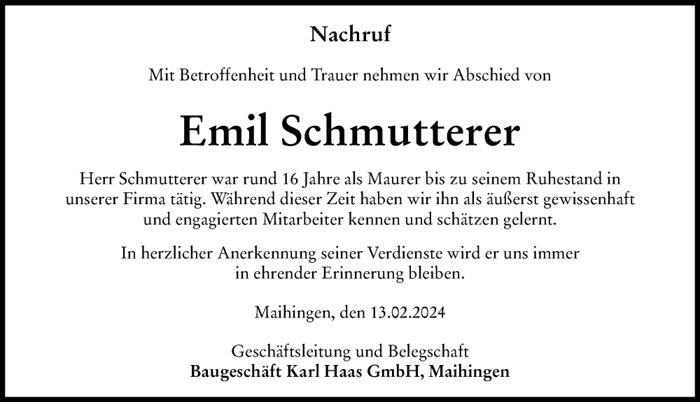  Traueranzeige für Emil Schmutterer vom 15.02.2024 aus Rieser Nachrichten