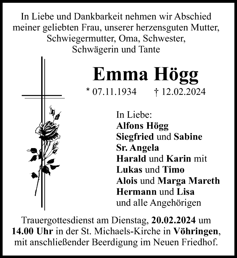  Traueranzeige für Emma Högg vom 17.02.2024 aus Illertisser Zeitung