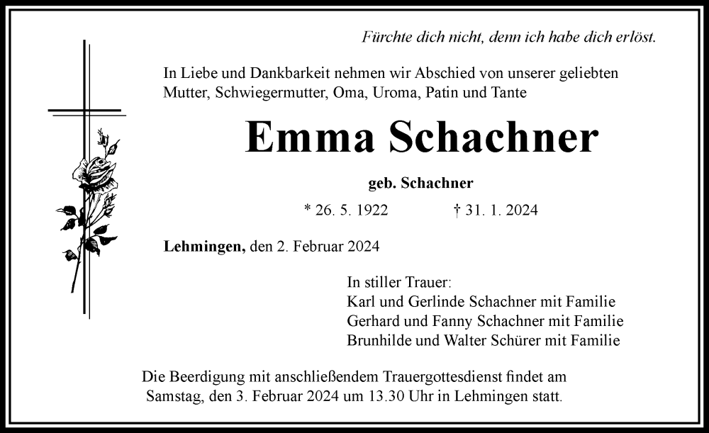 Traueranzeige von Emma Schachner von Rieser Nachrichten