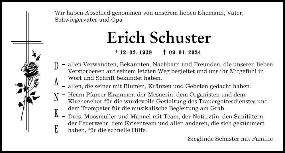  Traueranzeige für Erich Schuster vom 03.02.2024 aus Augsburg-Land