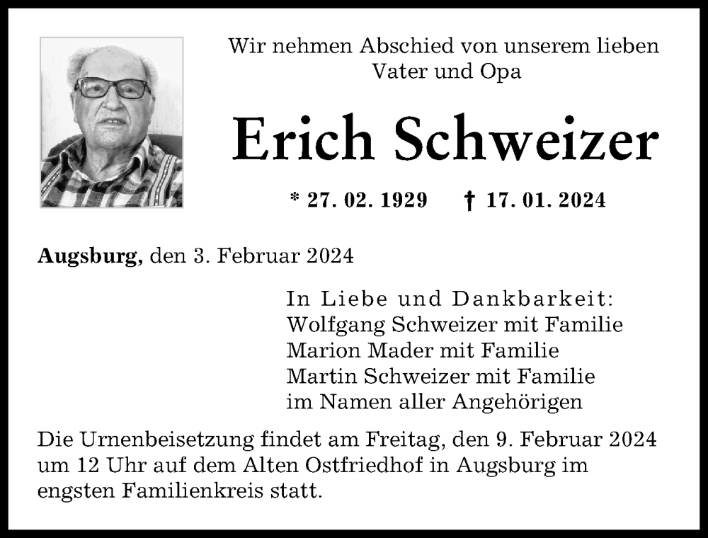 Traueranzeige von Erich Schweizer von Augsburger Allgemeine