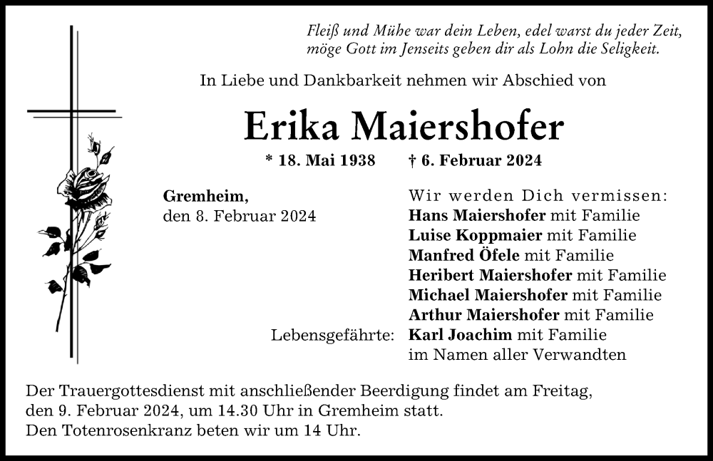 Traueranzeige von Erika Maiershofer von Donau Zeitung