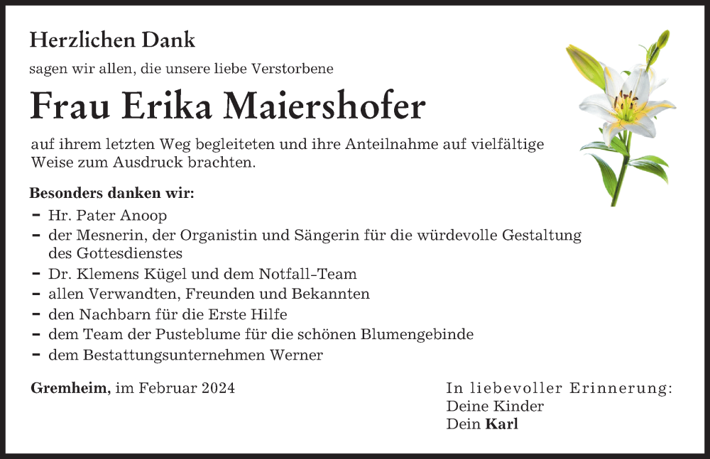 Traueranzeige von Erika Maiershofer von Donau Zeitung