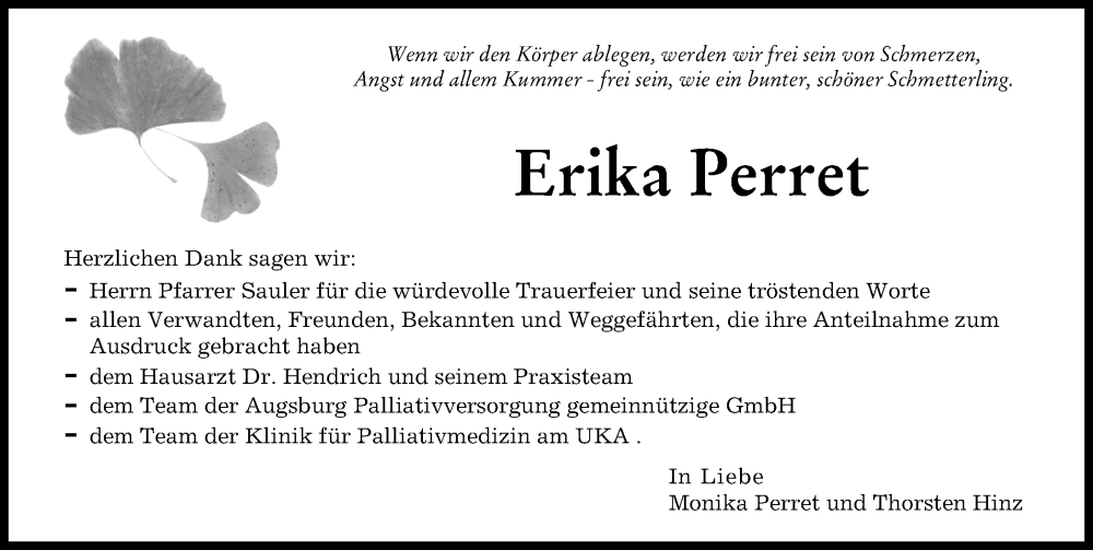 Traueranzeige von Erika Perret von Augsburger Allgemeine