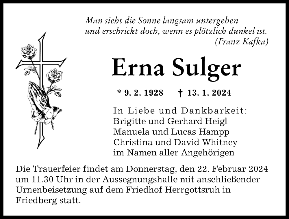 Traueranzeige von Erna Sulger von Friedberger Allgemeine, Augsburger Allgemeine