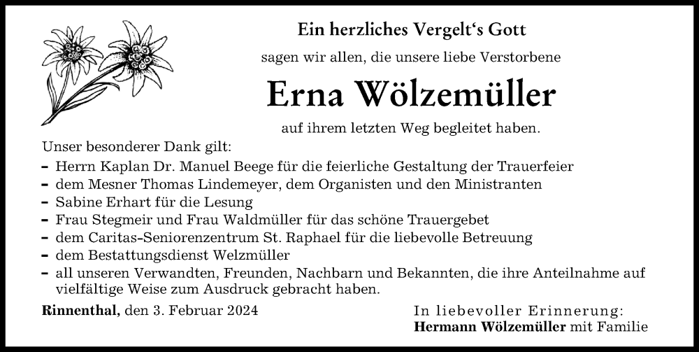 Traueranzeige von Erna Wölzemüller von Friedberger Allgemeine