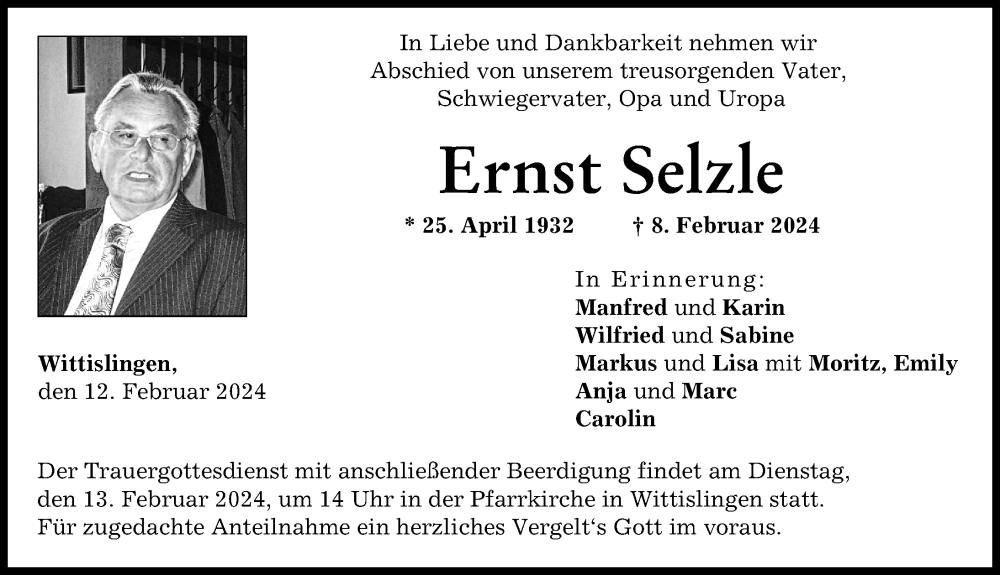 Traueranzeige von Ernst Selzle von Donau Zeitung