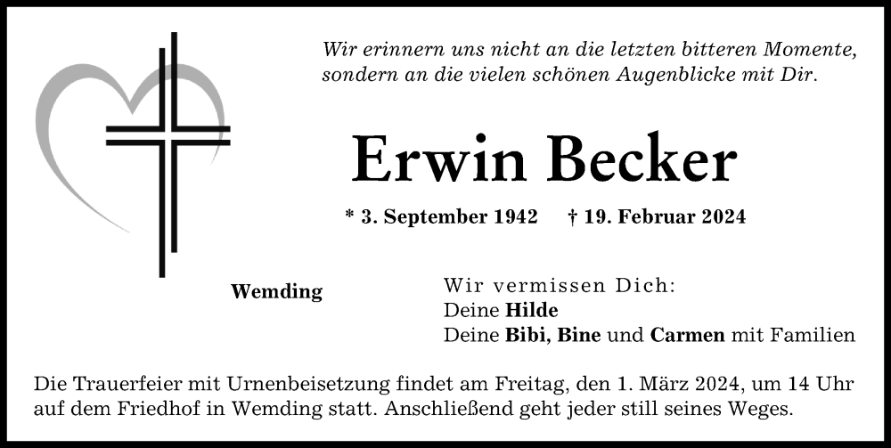 Traueranzeige von Erwin Becker von Donauwörther Zeitung