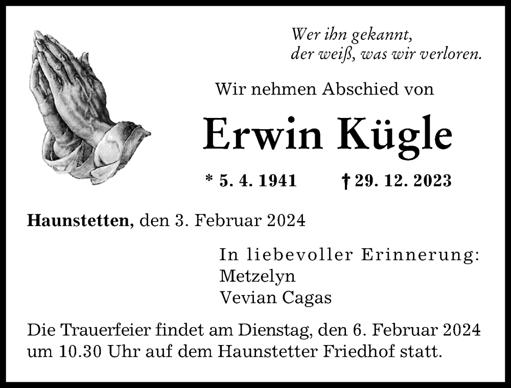 Traueranzeige von Erwin Kügle von Augsburger Allgemeine