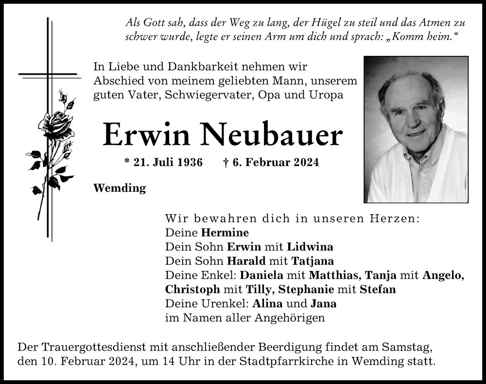 Traueranzeige von Erwin Neubauer von Donauwörther Zeitung