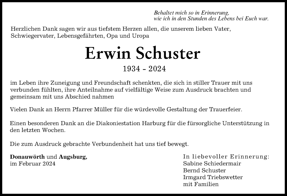 Traueranzeige von Erwin Schuster von Donauwörther Zeitung