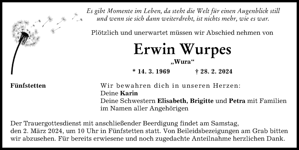  Traueranzeige für Erwin Wurpes vom 29.02.2024 aus Donauwörther Zeitung
