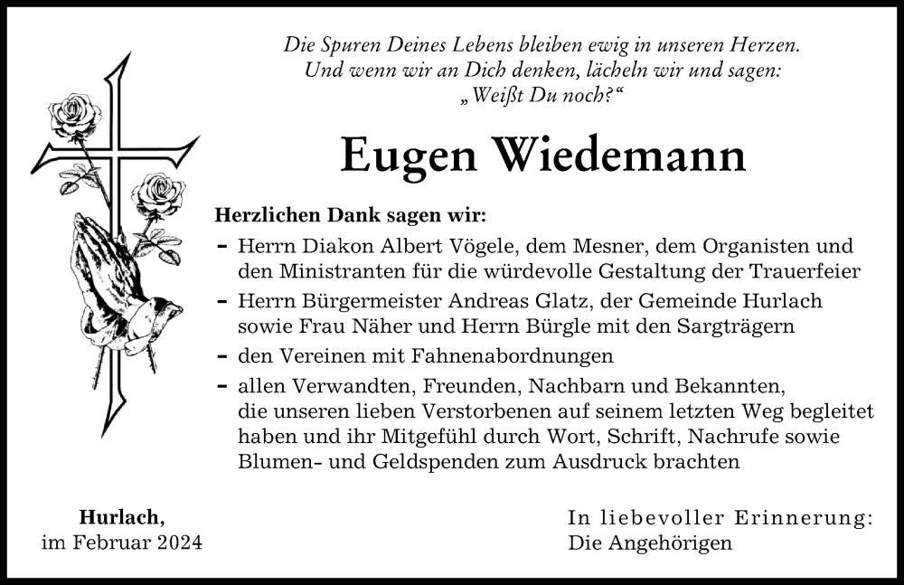 Traueranzeige von Eugen Wiedemann von Landsberger Tagblatt