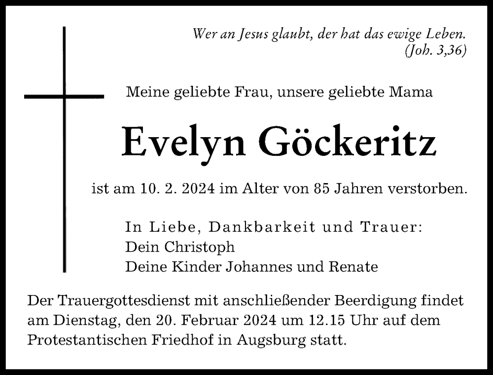 Traueranzeige von Evelyn Göckeritz von Augsburger Allgemeine