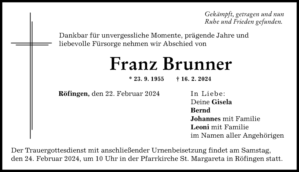Traueranzeige von Franz Brunner von Günzburger Zeitung