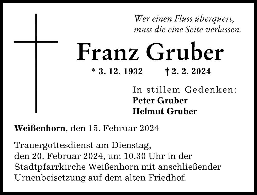 Traueranzeige von Franz Gruber von Neu-Ulmer Zeitung